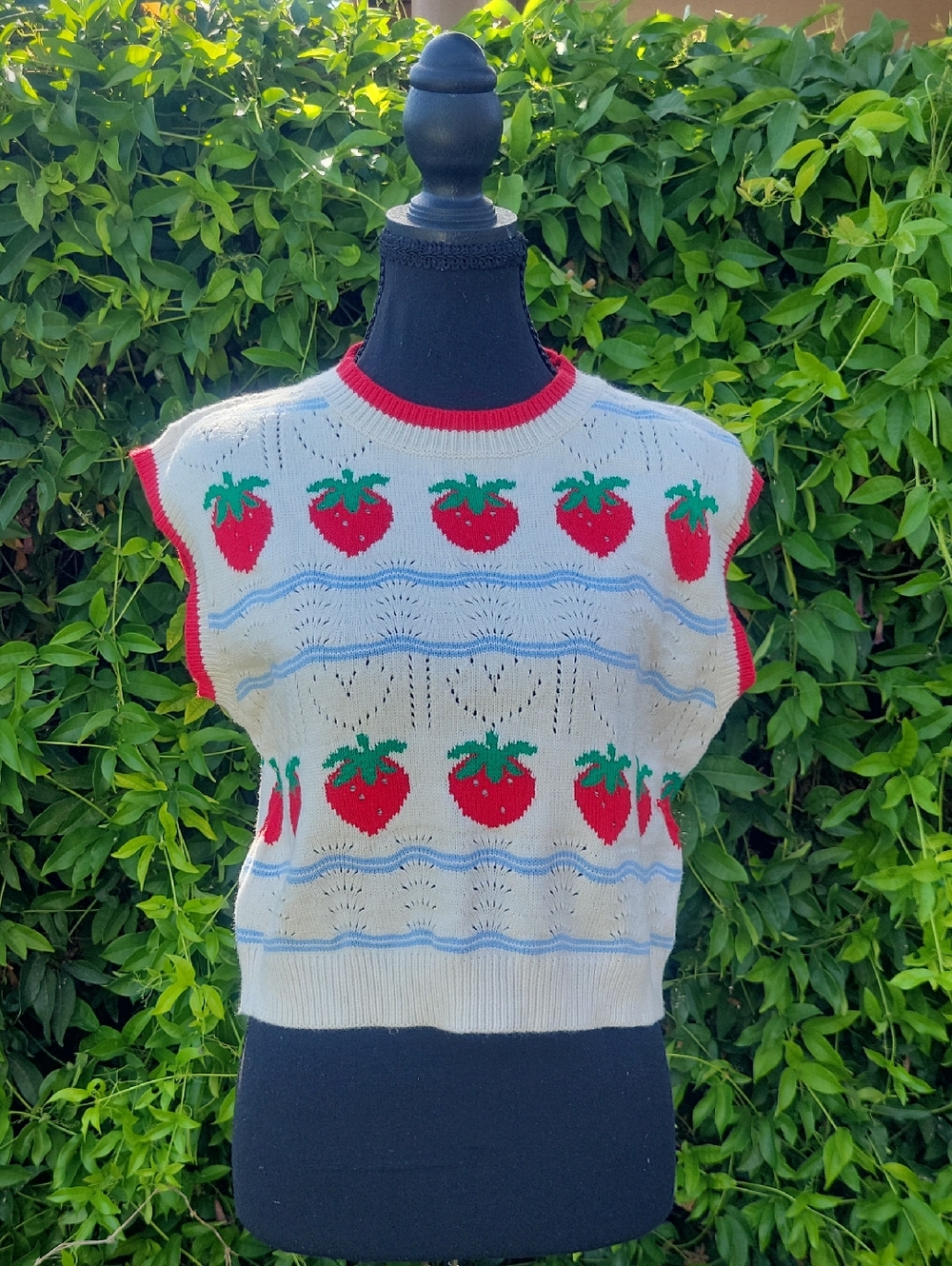 Cream Strawberry Print Knit Sleeveless Sweater Vest with Red Trim S